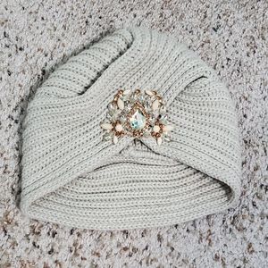 Beige Turban with Large Crystal Detail